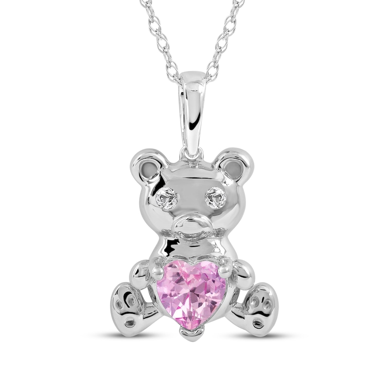 Main Image 1 of Heart-Shaped Pink Lab-Created Sapphire & White Lab-Created Sapphire Teddy Bear Necklace Sterling Silver 18&quot;