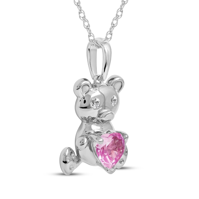 Main Image 2 of Heart-Shaped Pink Lab-Created Sapphire & White Lab-Created Sapphire Teddy Bear Necklace Sterling Silver 18&quot;