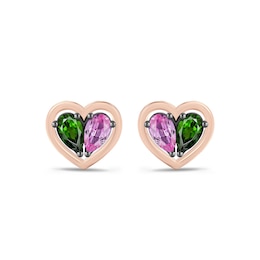 Wicked Pear-Shaped Pink Lab-Created Sapphire & Chrome Diopside Heart Stud Earrings Sterling Silver & 10K Rose Gold