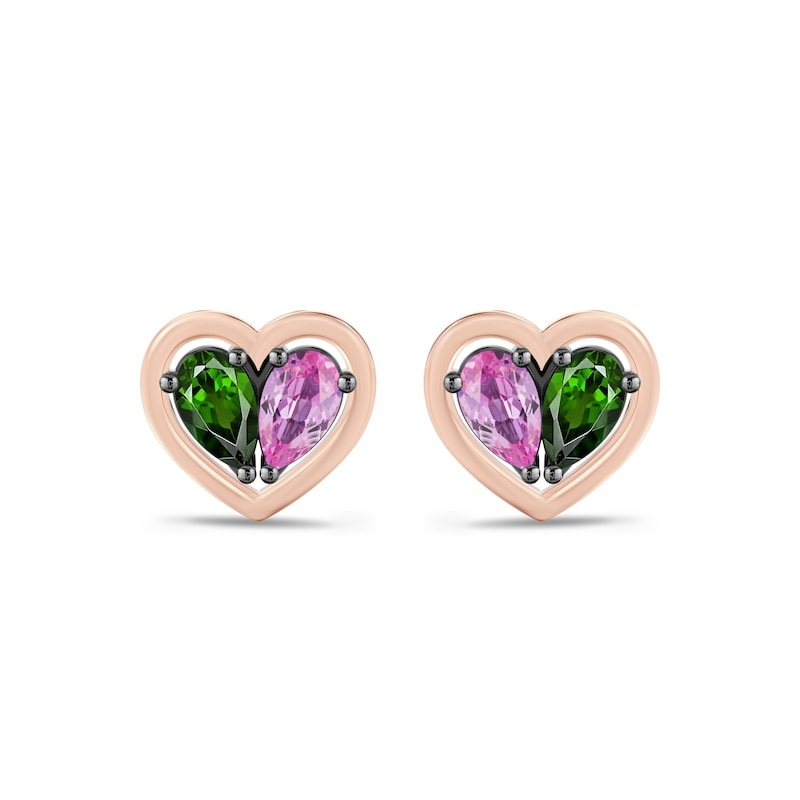 Main Image 1 of Wicked Pear-Shaped Pink Lab-Created Sapphire & Chrome Diopside Heart Stud Earrings Sterling Silver & 10K Rose Gold