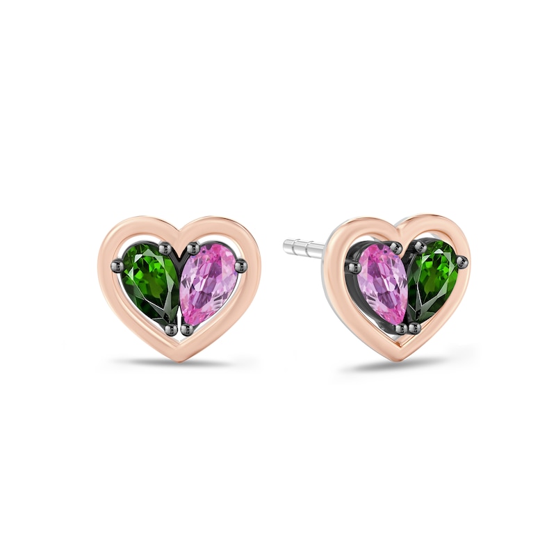 Main Image 2 of Wicked Pear-Shaped Pink Lab-Created Sapphire & Chrome Diopside Heart Stud Earrings Sterling Silver & 10K Rose Gold