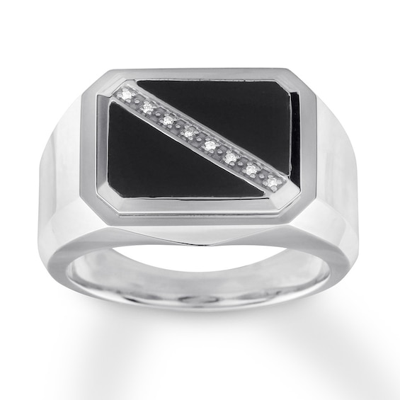 Men S Black Onyx Ring With Diamonds 10k White Gold Kay
