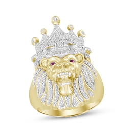 Men's Diamond & Lab-Created Ruby Lion Ring 1/2 ct tw Round-cut 10K Yellow Gold