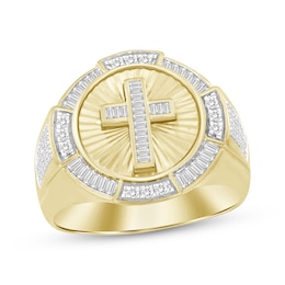 Men's Diamond Cross Signet Ring 1/2 ct tw Baguette & Round-cut 10K Yellow Gold