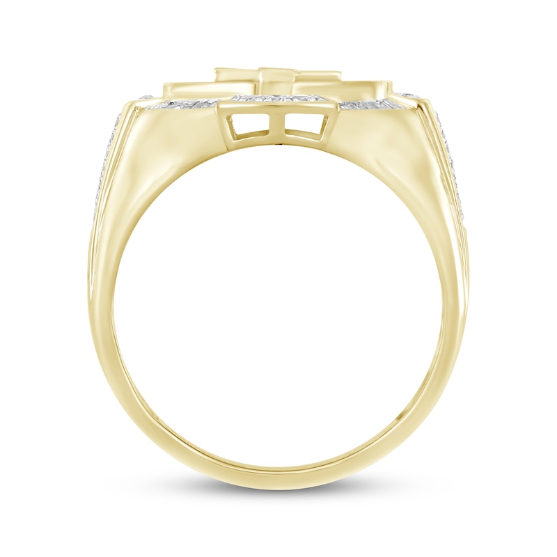 Main Image 3 of Men's Diamond Cross Signet Ring 1/2 ct tw Baguette & Round-cut 10K Yellow Gold