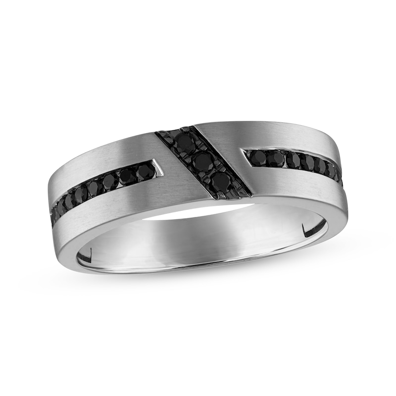 Main Image 1 of Men’s Round-Cut Black Diamond Wedding Band 3/8 ct tw 10K White Gold