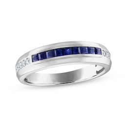 Men's Square-Cut Blue Sapphire & Diamond Wedding Band 1/10 ct tw 10K White Gold