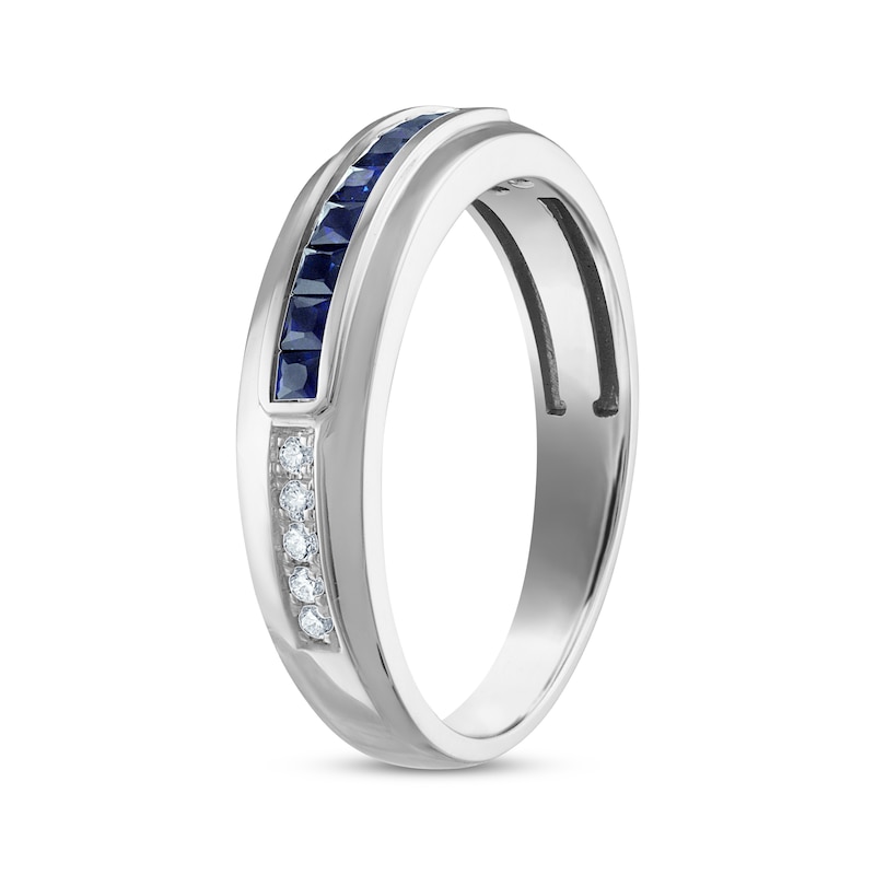 Main Image 2 of Men's Square-Cut Blue Sapphire & Diamond Wedding Band 1/10 ct tw 10K White Gold