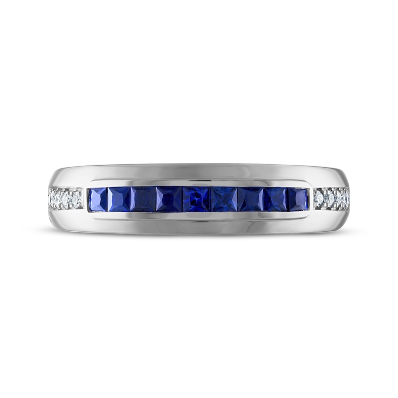 Main Image 3 of Men's Square-Cut Blue Sapphire & Diamond Wedding Band 1/10 ct tw 10K White Gold