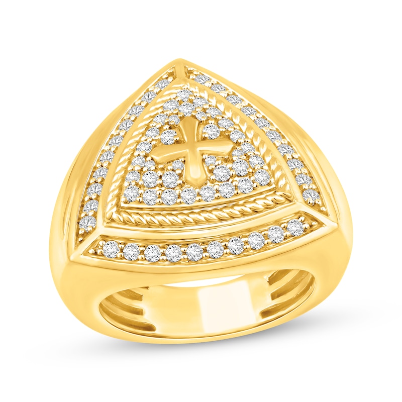 Main Image 1 of Men's Diamond Cross Shield Ring 1 ct tw 10K Yellow Gold