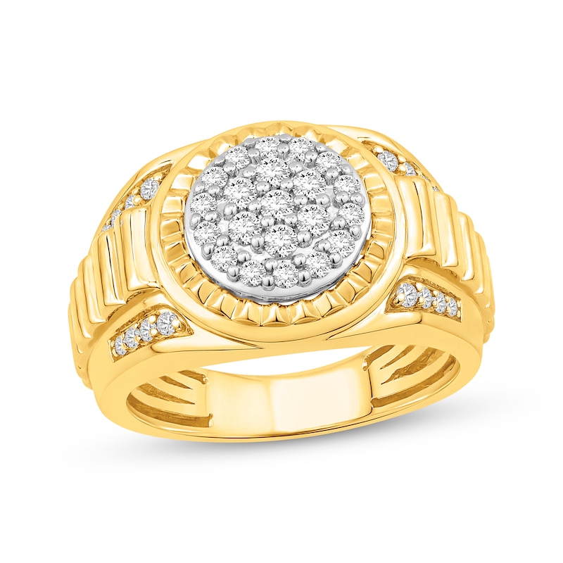 Main Image 1 of Men's Multi-Diamond Center Stepped Signet Ring 3/4 ct tw 10K Yellow Gold