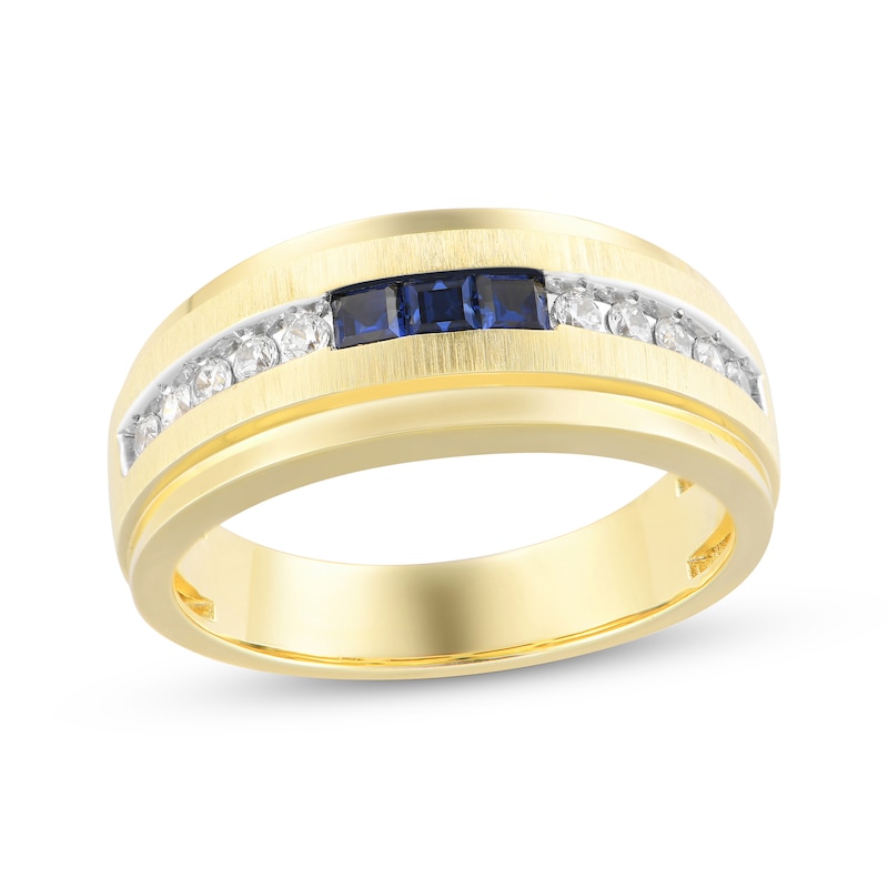 Main Image 1 of Men's Square-Cut Blue Sapphire & Diamond Wedding Band 1/4 ct tw 10K Yellow Gold