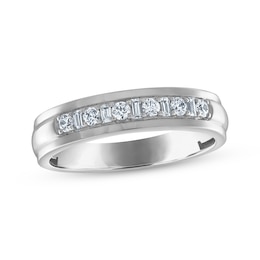 Men's Round and Baguette-Cut Diamond Wedding Band 1/3 ct tw 14K White Gold