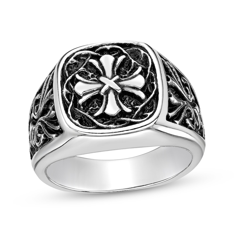 Main Image 1 of Men's Antique-Finish Fleur-De-Lis Cross Ring Stainless Steel