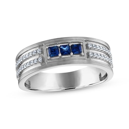 Men's Square-Cut Blue Sapphire & Diamond Wedding Band 1/5 ct tw 10K White Gold