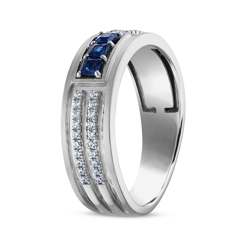 Main Image 2 of Men's Square-Cut Blue Sapphire & Diamond Wedding Band 1/5 ct tw 10K White Gold