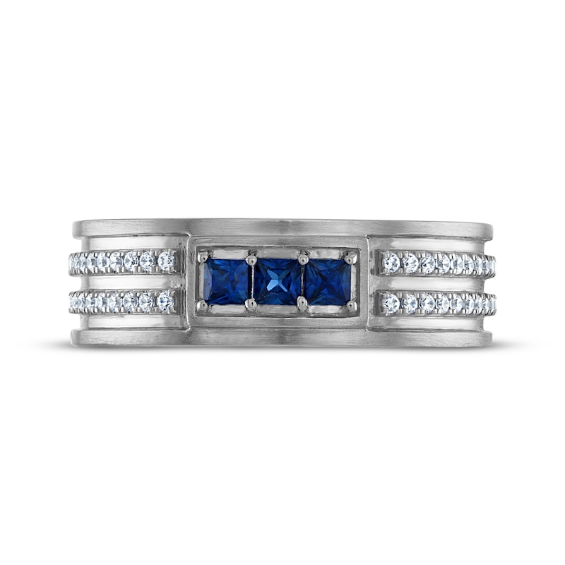 Main Image 3 of Men's Square-Cut Blue Sapphire & Diamond Wedding Band 1/5 ct tw 10K White Gold