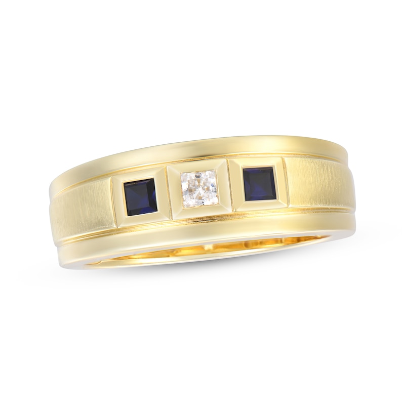 Main Image 1 of Men's Square-Cut Diamond & Blue Sapphire Wedding Band 1/10 ct tw 10K Yellow Gold