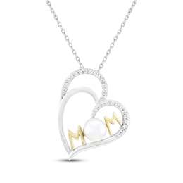 Cultured Pearl & White Lab-Created Sapphire &quot;Mom&quot; Double Heart Necklace Sterling Silver & 10K Yellow Gold 18&quot;