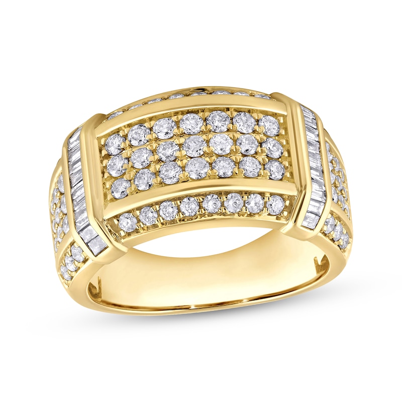 Main Image 1 of Men's Round & Baguette-Cut Diamond Ring 1-1/2 ct tw 10K Yellow Gold