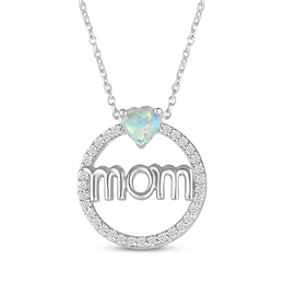 Heart-Shaped Lab-Created Opal & White Lab-Created Sapphire &quot;Mom&quot; Necklace Sterling Silver 18&quot;