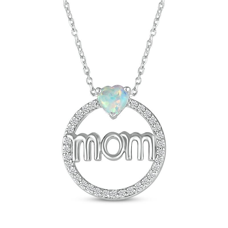 Main Image 1 of Heart-Shaped Lab-Created Opal & White Lab-Created Sapphire &quot;Mom&quot; Necklace Sterling Silver 18&quot;