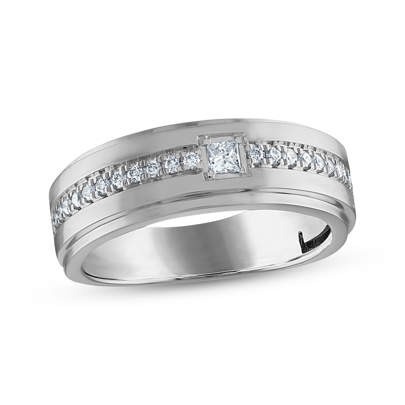 Main Image 1 of Men's Square & Round-Cut Diamond Wedding Band 1/3 ct tw 10K White Gold