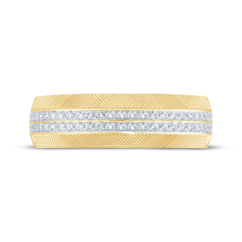 Main Image 3 of Men's Round-Cut Diamond Mesh Pattern Wedding Band 1/3 ct tw 10K Yellow Gold