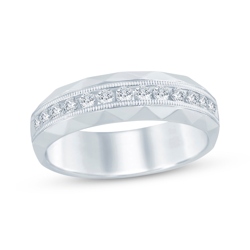 Main Image 1 of Men's Round-Cut Diamond Patterned Wedding Band 1/2 ct tw 10K White Gold