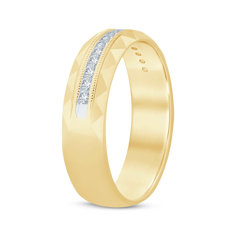 Main Image 2 of Men's Round-Cut Diamond Patterned Wedding Band 1/4 ct tw 10K Yellow Gold