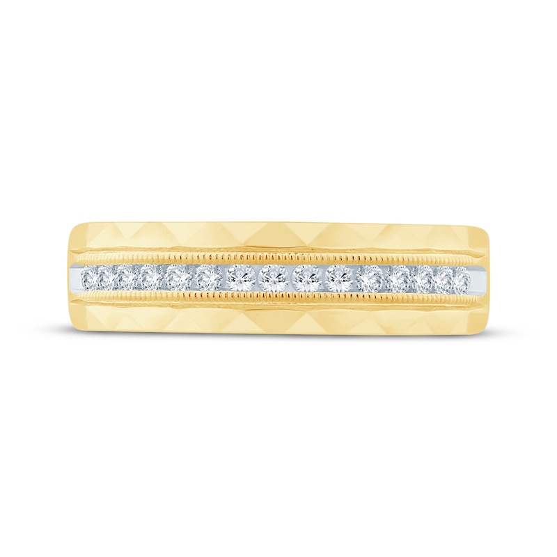 Main Image 3 of Men's Round-Cut Diamond Patterned Wedding Band 1/4 ct tw 10K Yellow Gold