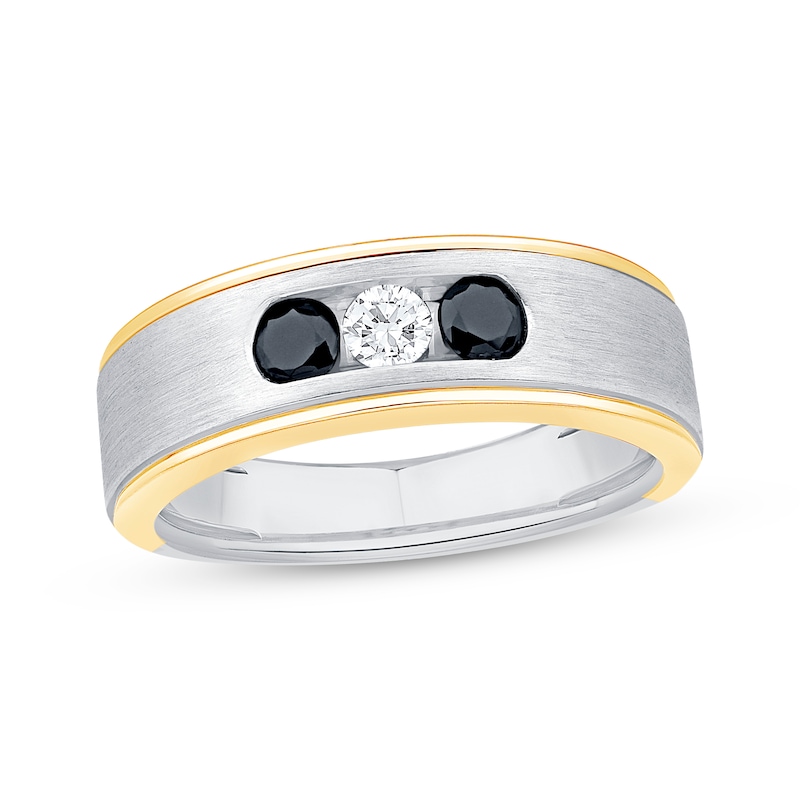 Main Image 1 of Men's White & Black Diamond Three-Stone Wedding Band 1/2 ct tw 10K Two-Tone Gold