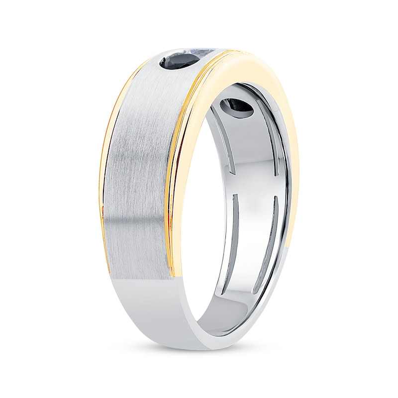 Main Image 2 of Men's White & Black Diamond Three-Stone Wedding Band 1/2 ct tw 10K Two-Tone Gold