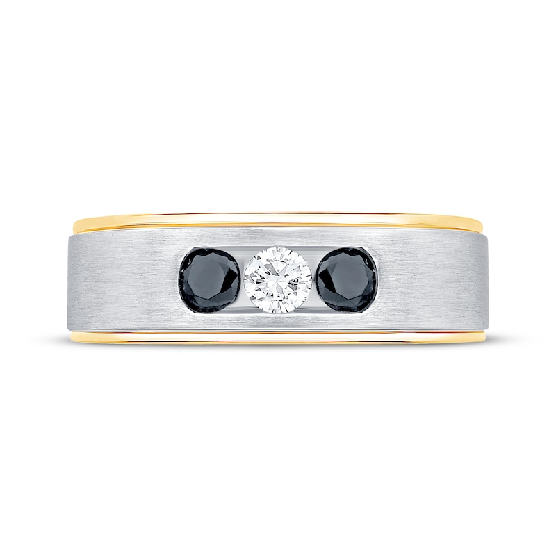 Main Image 3 of Men's White & Black Diamond Three-Stone Wedding Band 1/2 ct tw 10K Two-Tone Gold