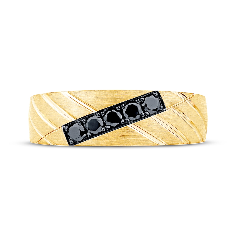 Main Image 3 of Now + Forever Men's Black Diamond Diagonal Groove Wedding Band 1/3 ct tw 10K Yellow Gold