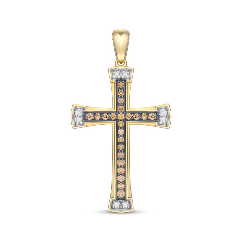 Main Image 1 of Men's Brown & White Diamond Cross Necklace 1/2 ct tw 10K Yellow Gold 22&quot;