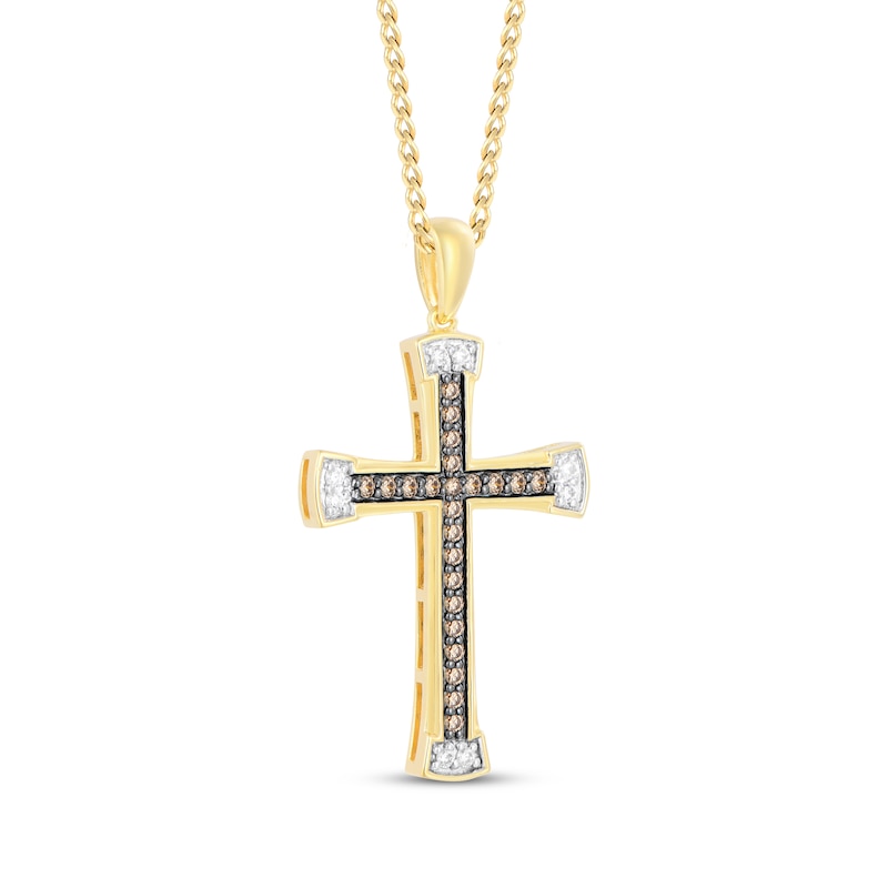 Main Image 2 of Men's Brown & White Diamond Cross Necklace 1/2 ct tw 10K Yellow Gold 22&quot;