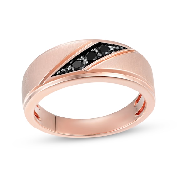 Now + Forever Men's Black Diamond Three-Stone Wedding Band 1/5 ct tw 10K Rose Gold