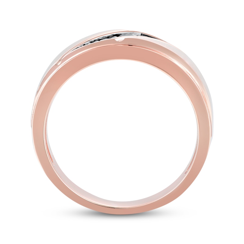 Main Image 3 of Men's Black Diamond Three-Stone Wedding Band 1/5 ct tw 10K Rose Gold