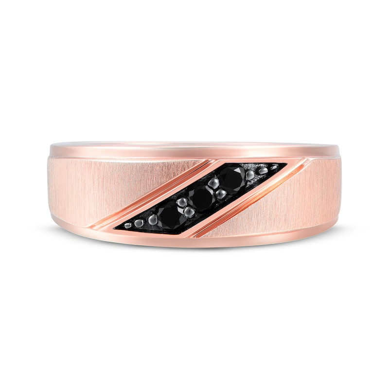 Main Image 4 of Men's Black Diamond Three-Stone Wedding Band 1/5 ct tw 10K Rose Gold