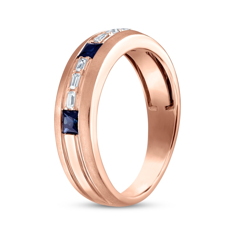 Main Image 2 of Men's Square-Cut Natural Blue Sapphire & Baguette-Cut Diamond Wedding Band 1/8 ct tw 10K Rose Gold