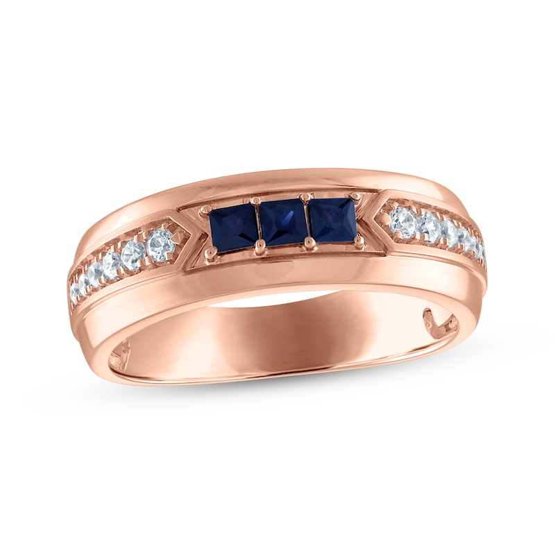 Main Image 1 of Now + Forever Men's Square-Cut Natural Blue Sapphire & Round-Cut Diamond Wedding Band 1/5 ct tw 10K Rose Gold