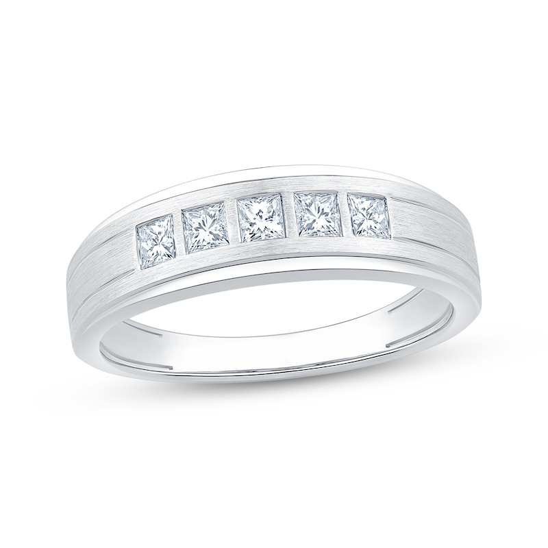 Main Image 1 of Men's Square-Cut Diamond Five-Stone Wedding Band 1/2 ct tw 10K White Gold