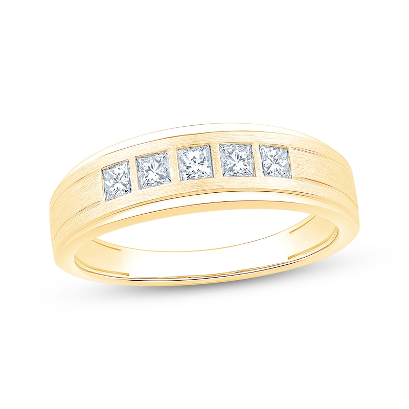 Main Image 1 of Men's Square-Cut Diamond Five-Stone Wedding Band 1/2 ct tw 10K Yellow Gold