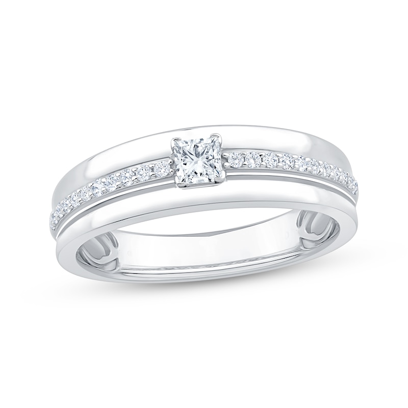 Main Image 1 of Men's Square & Round-Cut Diamond Wedding Band 1/2 ct tw 10K White Gold