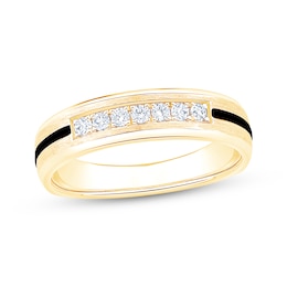 Men's Diamond & Black Enamel Stripe Wedding Band 1/5 ct tw 10K Yellow Gold