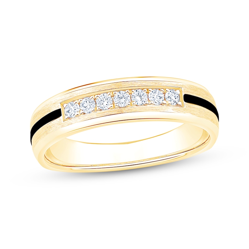 Main Image 1 of Men's Diamond & Black Enamel Stripe Wedding Band 1/5 ct tw 10K Yellow Gold