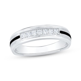 Men's Diamond & Black Enamel Stripe Wedding Band 1/5 ct tw 10K White Gold