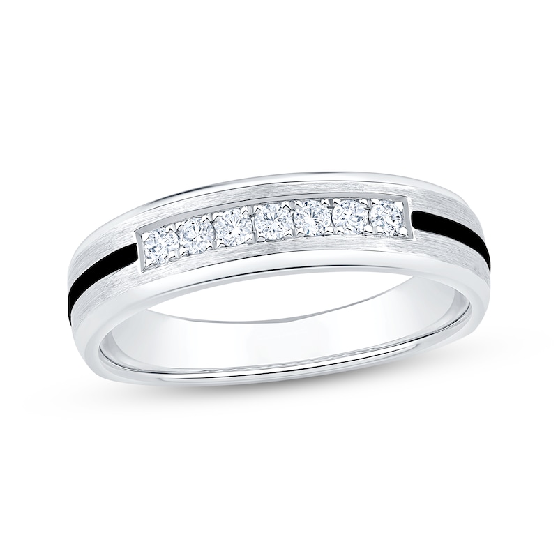 Main Image 1 of Men's Diamond & Black Enamel Stripe Wedding Band 1/5 ct tw 10K White Gold