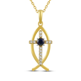 Blue & White Lab-Created Sapphire Ichthus Cross Necklace 10K Yellow Gold 18&quot;